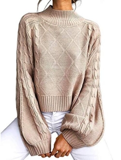 Women's Mock Turtleneck Lantern Sleeve Cable Knit Pullover Sweater Tops