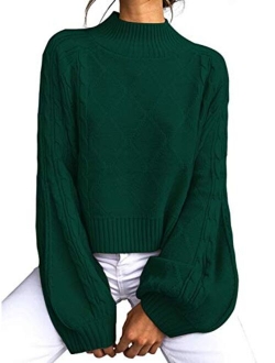 Women's Mock Turtleneck Lantern Sleeve Cable Knit Pullover Sweater Tops