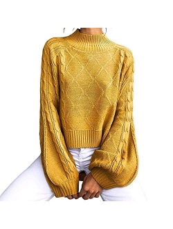 Women's Mock Turtleneck Lantern Sleeve Cable Knit Pullover Sweater Tops