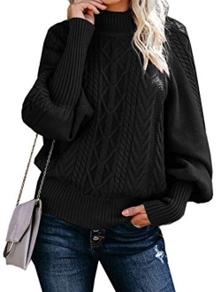 Women's Mock Turtleneck Lantern Sleeve Cable Knit Pullover Sweater Tops