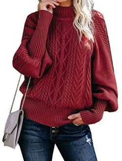 Women's Mock Turtleneck Lantern Sleeve Cable Knit Pullover Sweater Tops