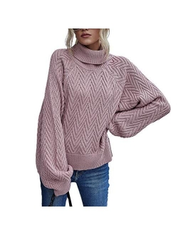 Women's Mock Turtleneck Lantern Sleeve Cable Knit Pullover Sweater Tops