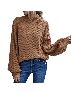 Women's Mock Turtleneck Lantern Sleeve Cable Knit Pullover Sweater Tops