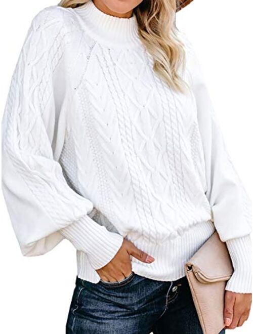 Women's Mock Turtleneck Lantern Sleeve Cable Knit Pullover Sweater Tops