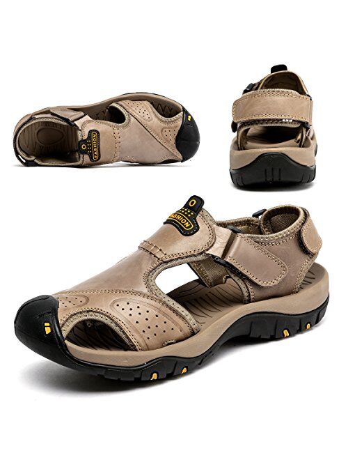 BINSHUN Sandals for Men Leather Hiking Sandals Athletic Walking Sports Fisherman Beach Shoes Closed Toe Water Sandals