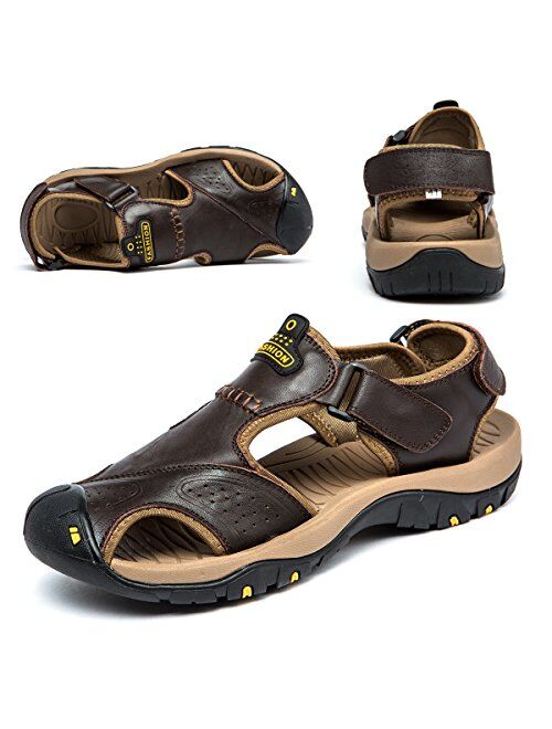 BINSHUN Sandals for Men Leather Hiking Sandals Athletic Walking Sports Fisherman Beach Shoes Closed Toe Water Sandals