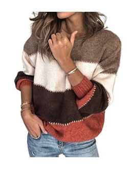 Womens Fashion Long Sleeve Striped Color Block Knitted Sweater Crew Neck Loose Pullover Jumper Tops