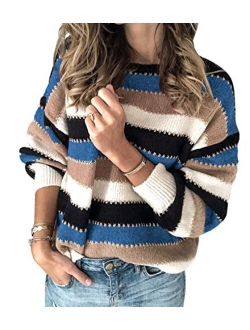 Womens Fashion Long Sleeve Striped Color Block Knitted Sweater Crew Neck Loose Pullover Jumper Tops