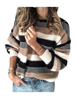 Womens Fashion Long Sleeve Striped Color Block Knitted Sweater Crew Neck Loose Pullover Jumper Tops