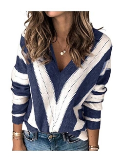 Womens Fashion Long Sleeve Striped Color Block Knitted Sweater Crew Neck Loose Pullover Jumper Tops