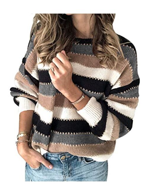 Prettygarden Womens Fashion Long Sleeve Striped Color Block Knitted Sweater Crew Neck Loose Pullover Jumper Tops