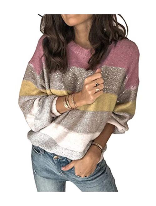 Prettygarden Womens Fashion Long Sleeve Striped Color Block Knitted Sweater Crew Neck Loose Pullover Jumper Tops