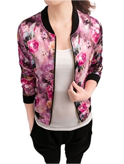 Women's Stand Collar Zip Up Floral Prints Bomber Jacket