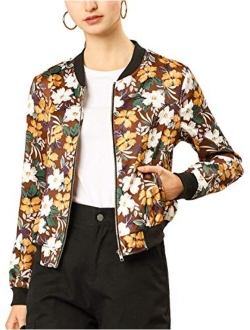 Women's Stand Collar Zip Up Floral Prints Bomber Jacket