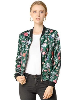 Women's Stand Collar Zip Up Floral Prints Bomber Jacket