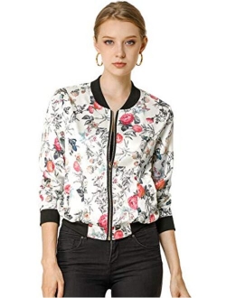 Women's Stand Collar Zip Up Floral Prints Bomber Jacket