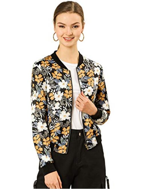 Allegra K Women's Stand Collar Zip Up Floral Prints Bomber Jacket