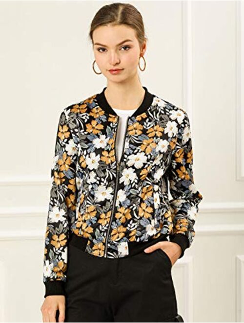 Allegra K Women's Stand Collar Zip Up Floral Prints Bomber Jacket