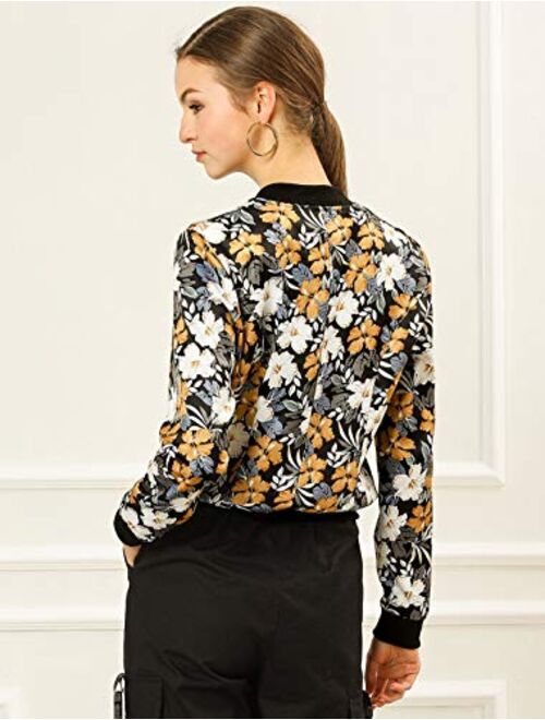 Allegra K Women's Stand Collar Zip Up Floral Prints Bomber Jacket