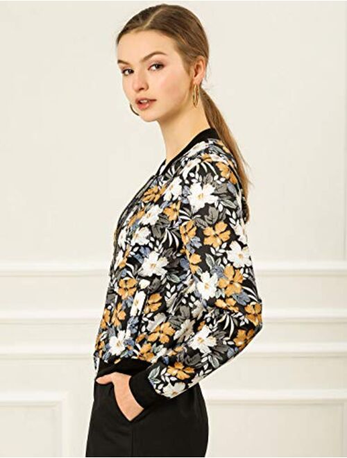 Allegra K Women's Stand Collar Zip Up Floral Prints Bomber Jacket