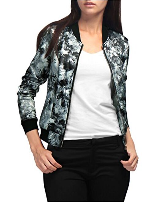 Allegra K Women's Stand Collar Zip Up Floral Prints Bomber Jacket