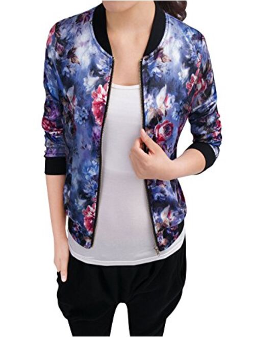 Allegra K Women's Stand Collar Zip Up Floral Prints Bomber Jacket