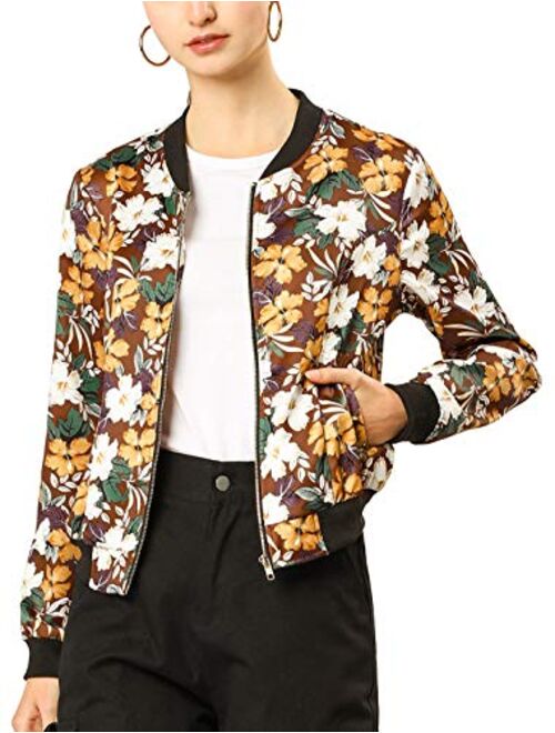 Allegra K Women's Stand Collar Zip Up Floral Prints Bomber Jacket