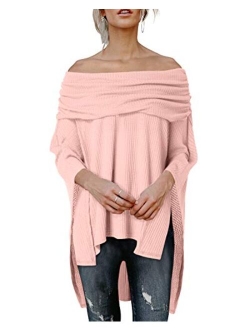 kenoce Womens Off Shoulder Blouse Irregular Hem Soft Knitted Poncho Sweater Pullovers Tunic Top