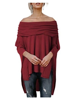 kenoce Womens Off Shoulder Blouse Irregular Hem Soft Knitted Poncho Sweater Pullovers Tunic Top