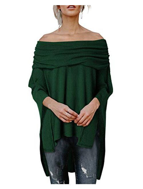 kenoce Womens Off Shoulder Blouse Irregular Hem Soft Knitted Poncho Sweater Pullovers Tunic Top