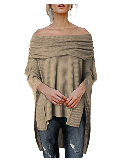 kenoce Womens Off Shoulder Blouse Irregular Hem Soft Knitted Poncho Sweater Pullovers Tunic Top