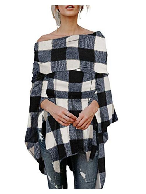 kenoce Womens Off Shoulder Blouse Irregular Hem Soft Knitted Poncho Sweater Pullovers Tunic Top