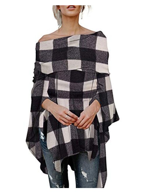 kenoce Womens Off Shoulder Blouse Irregular Hem Soft Knitted Poncho Sweater Pullovers Tunic Top