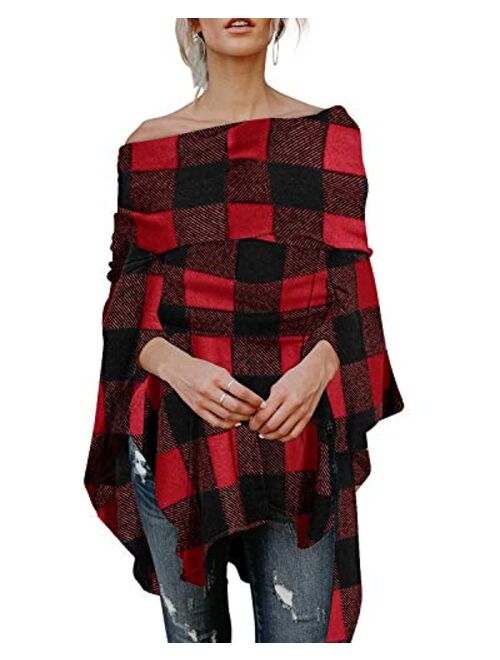 kenoce Womens Off Shoulder Blouse Irregular Hem Soft Knitted Poncho Sweater Pullovers Tunic Top