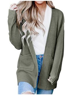 Womens Long Sleeve Waffle Knit Cardigan Open Front Side Slit Sweater with Pockets