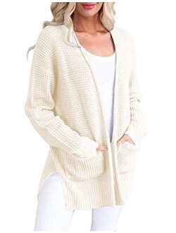 Womens Long Sleeve Waffle Knit Cardigan Open Front Side Slit Sweater with Pockets