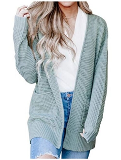 Womens Long Sleeve Waffle Knit Cardigan Open Front Side Slit Sweater with Pockets