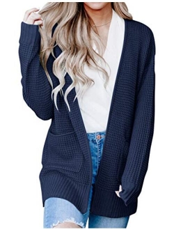 Womens Long Sleeve Waffle Knit Cardigan Open Front Side Slit Sweater with Pockets