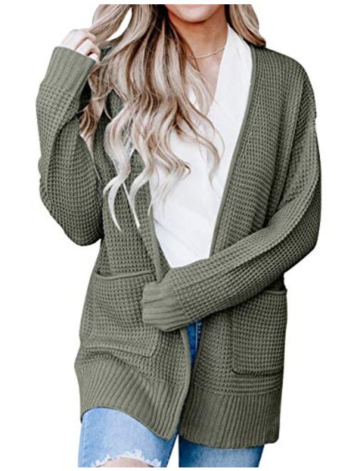 MEROKEETY Womens Long Sleeve Waffle Knit Cardigan Open Front Side Slit Sweater with Pockets