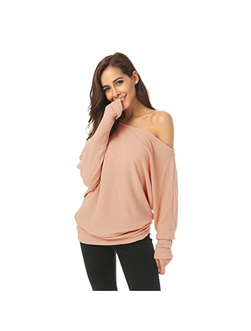 Zumine Off Shoulder Sweater Long Sleeve Loose Knit Pullover Sweater