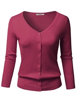 Women's Solid Button Down V-Neck 3/4 Sleeves Knit Cardigan