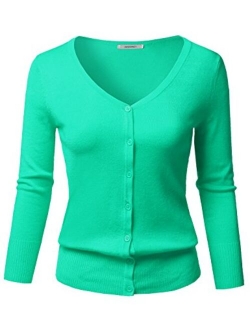 Women's Solid Button Down V-Neck 3/4 Sleeves Knit Cardigan