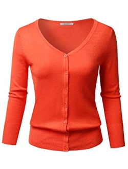 Women's Solid Button Down V-Neck 3/4 Sleeves Knit Cardigan