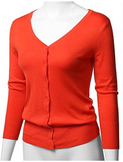 Women's Solid Button Down V-Neck 3/4 Sleeves Knit Cardigan