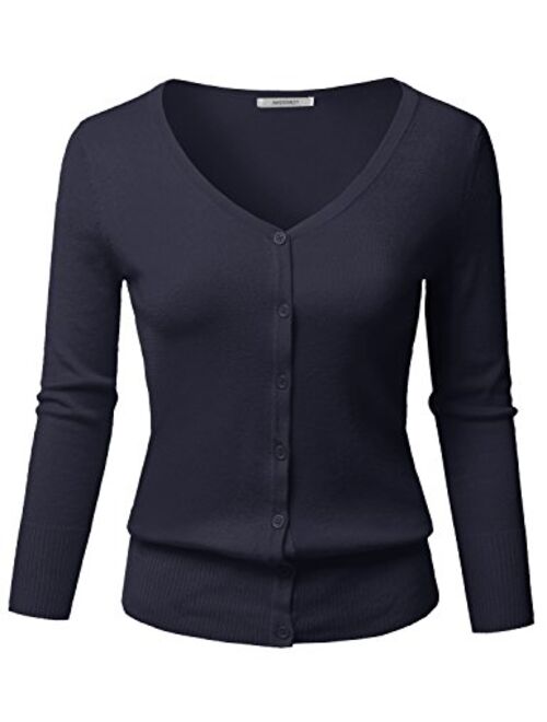 Women's Solid Button Down V-Neck 3/4 Sleeves Knit Cardigan