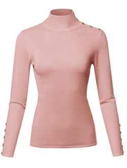 Women's Casual Solid Long Sleeve Button Detail Turtleneck Sweater