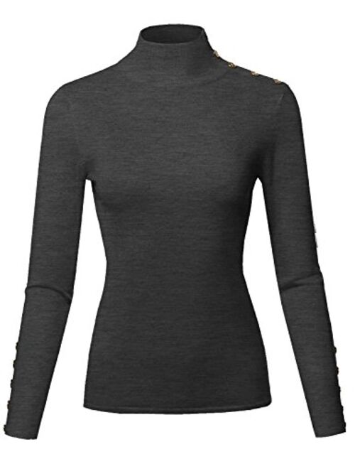 Women's Casual Solid Long Sleeve Button Detail Turtleneck Sweater