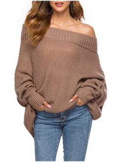 GOLDSTITCH Women's Off Shoulder Batwing Sleeve Loose Oversized Pullover Sweater Knit Jumper