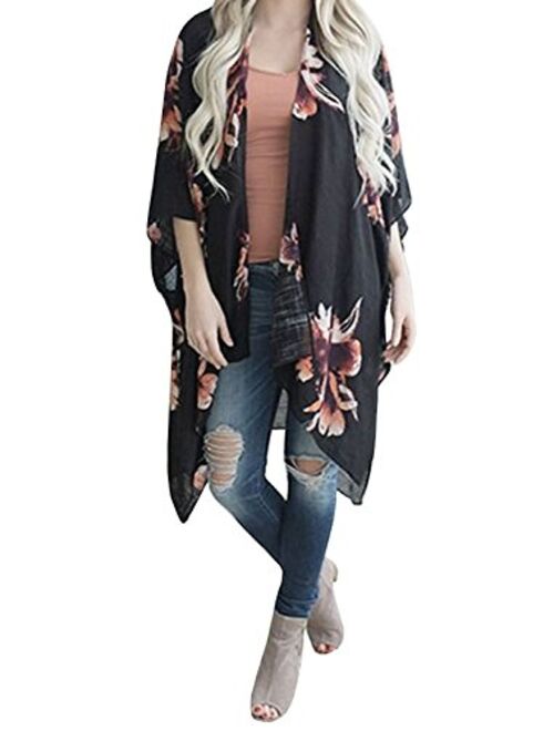 Geckatte Womens Floral Print 3/4 Sleeve Cardigan Kimono Capes Beach Cover Up Tops