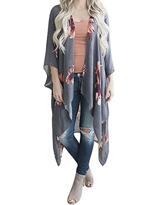 Geckatte Womens Floral Print 3/4 Sleeve Cardigan Kimono Capes Beach Cover Up Tops